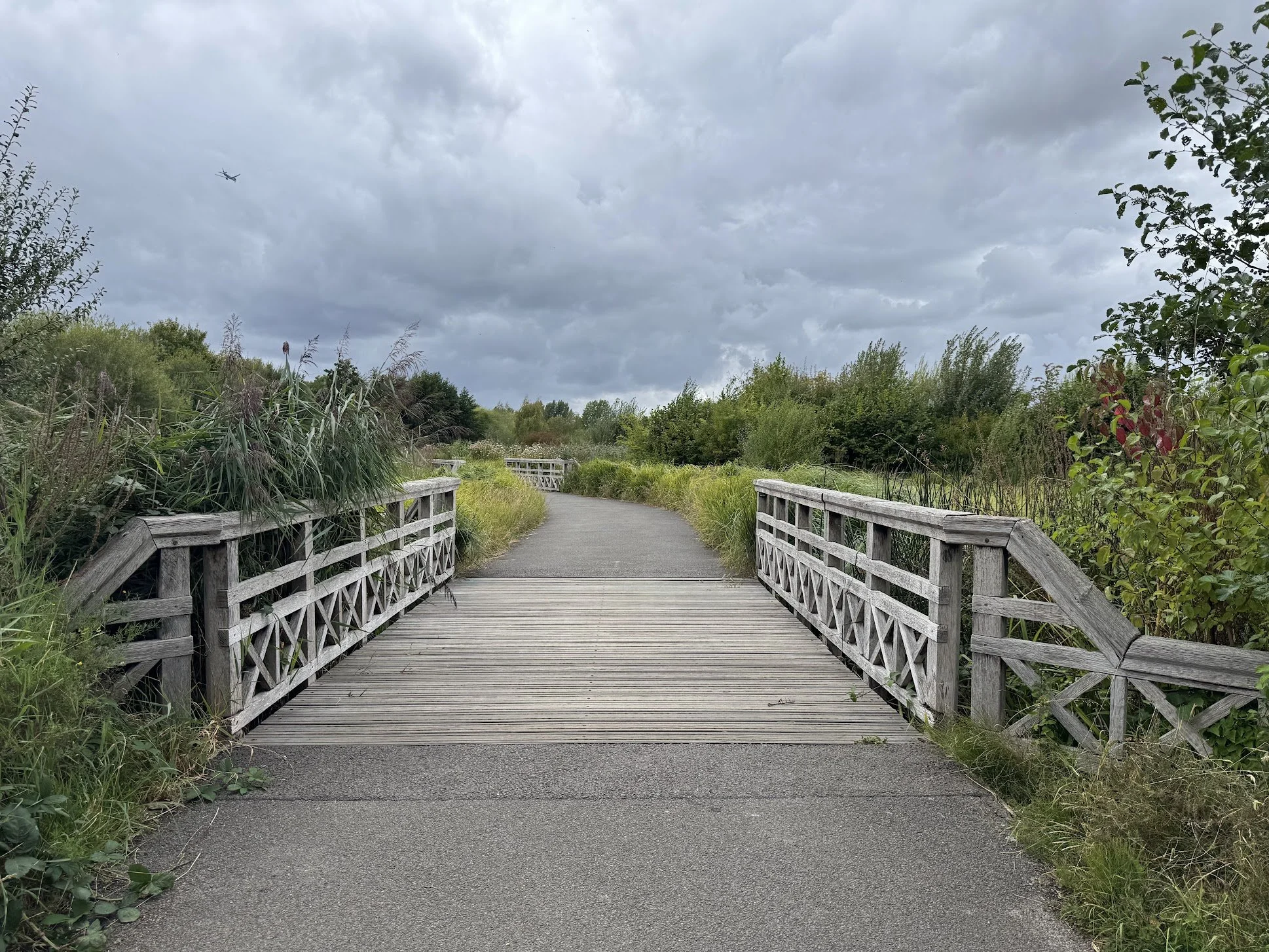 View of a wooden bridge leading to a walking trail through a green marsh or wetlands, with cloudy skies and an airplane flying overhead.