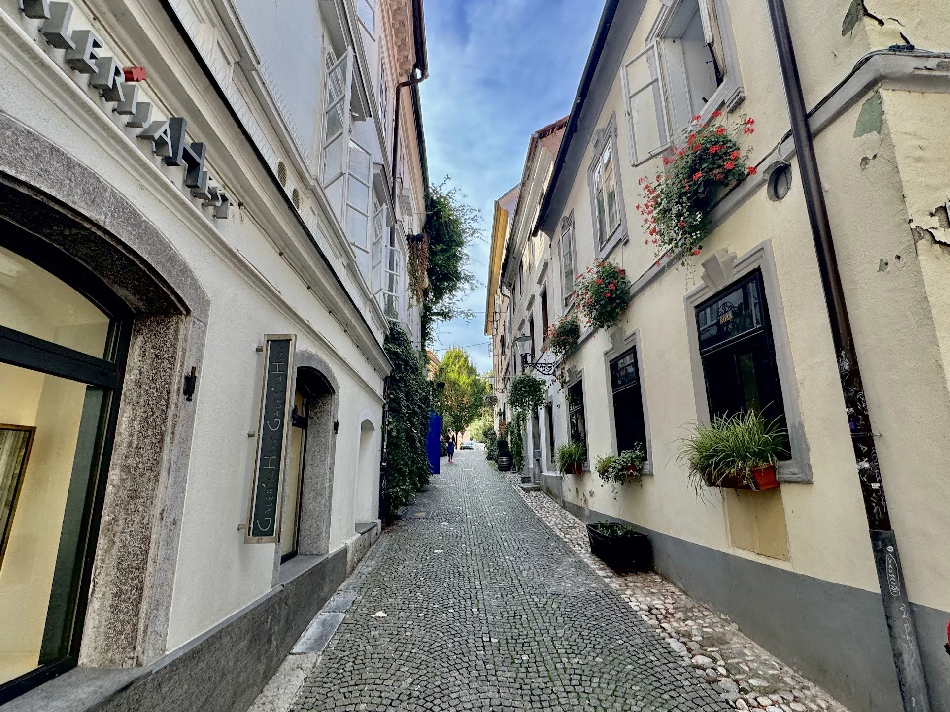 A narrow European-style street with cobblestone pavement, lined with pastel-colored buildings adorned with flower boxes and open window shutters, under a partly cloudy sky.