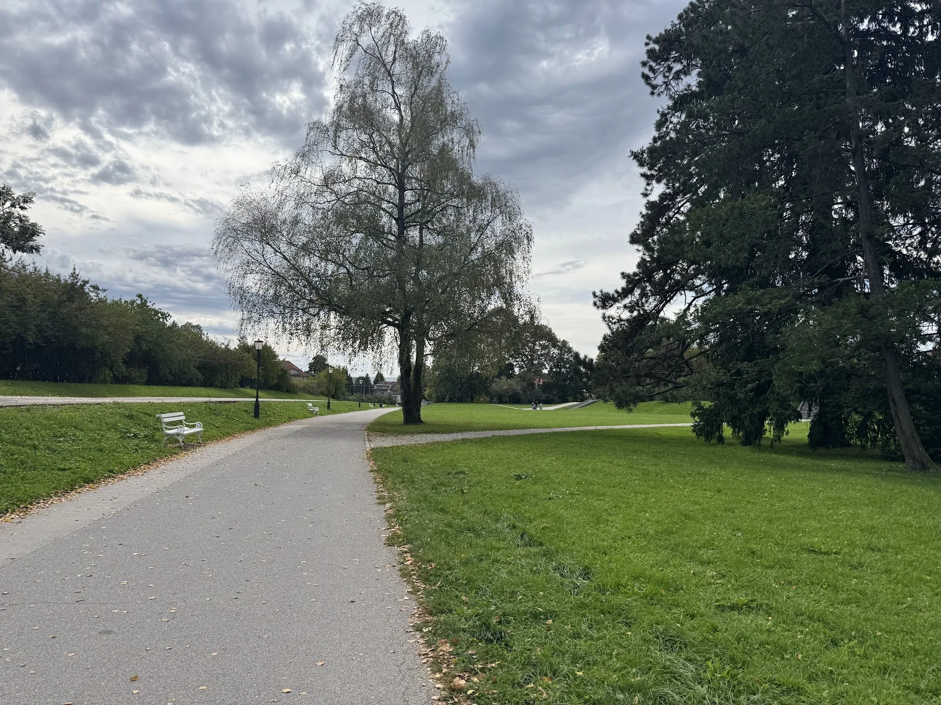 A park with a winding paved pathway, green grass, and trees under a partly cloudy sky. There are few benches and a lamppost along the path.
