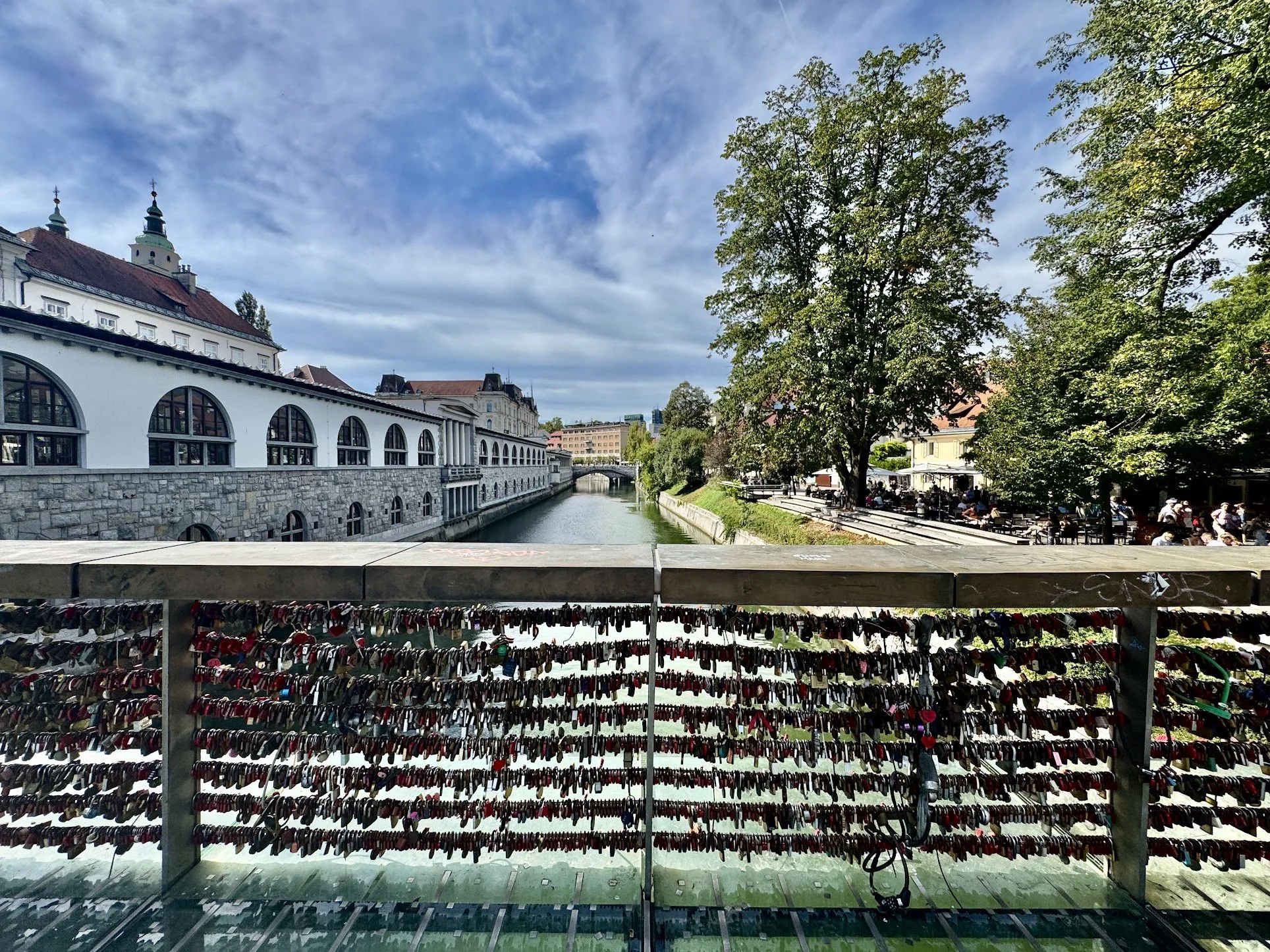 View of a city canal with buildings, trees, and a sky with clouds, and a railing with multiple locks attached, in a European city.