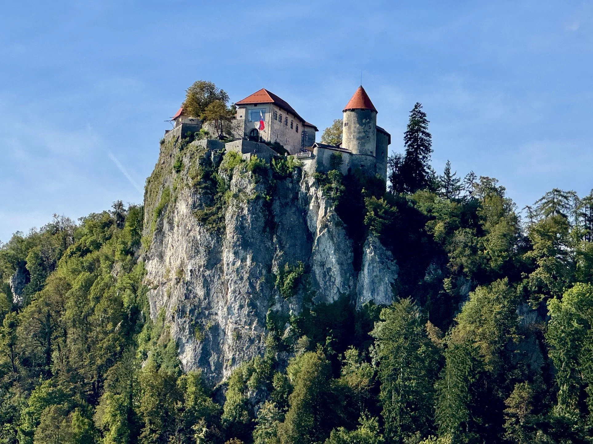 A castle on a tall rocky hill covered with trees, with a blue sky in the background.