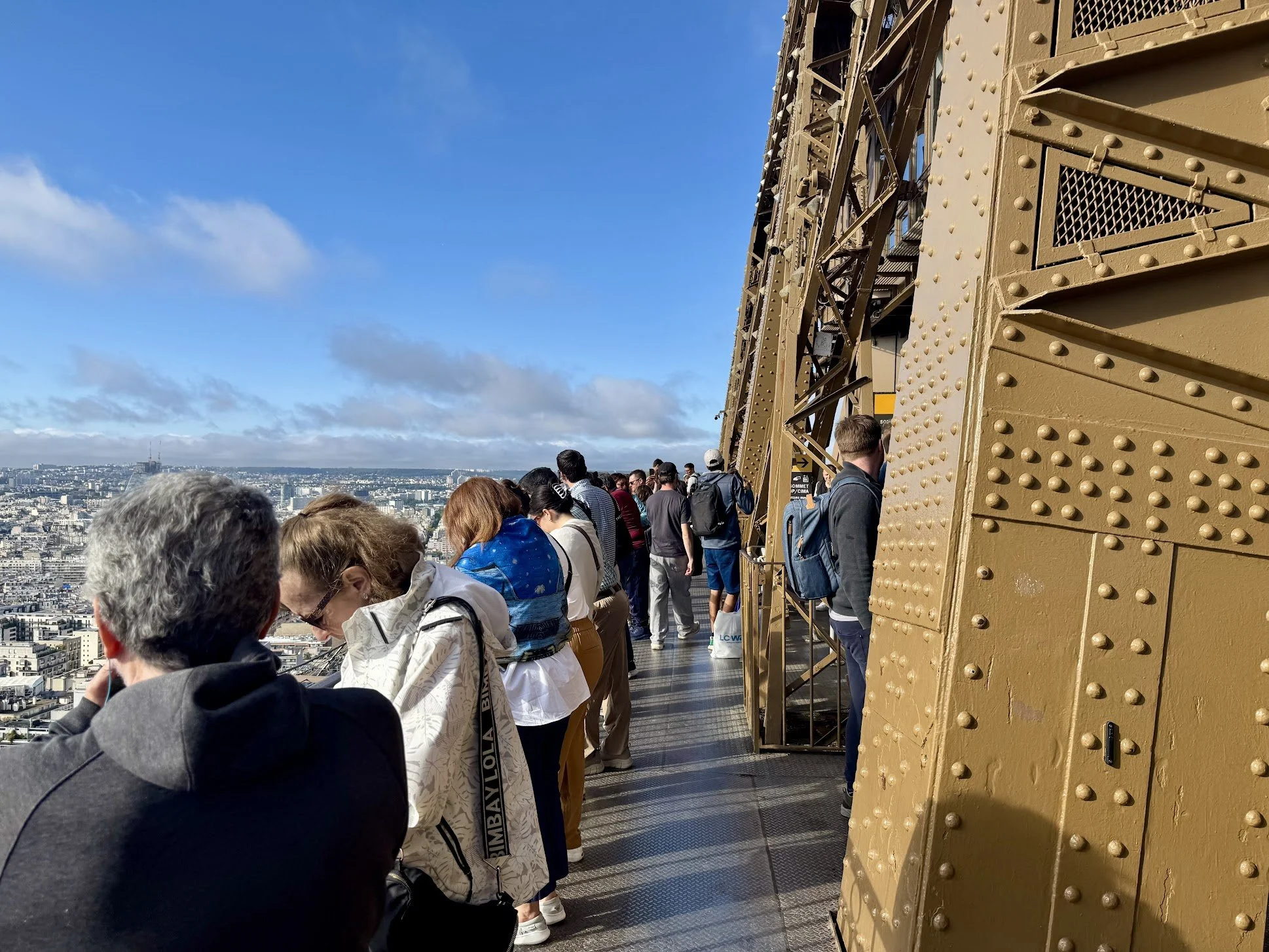 People standing in line on the Eiffel Tower observing the cityscape of Paris below under a partly cloudy sky.