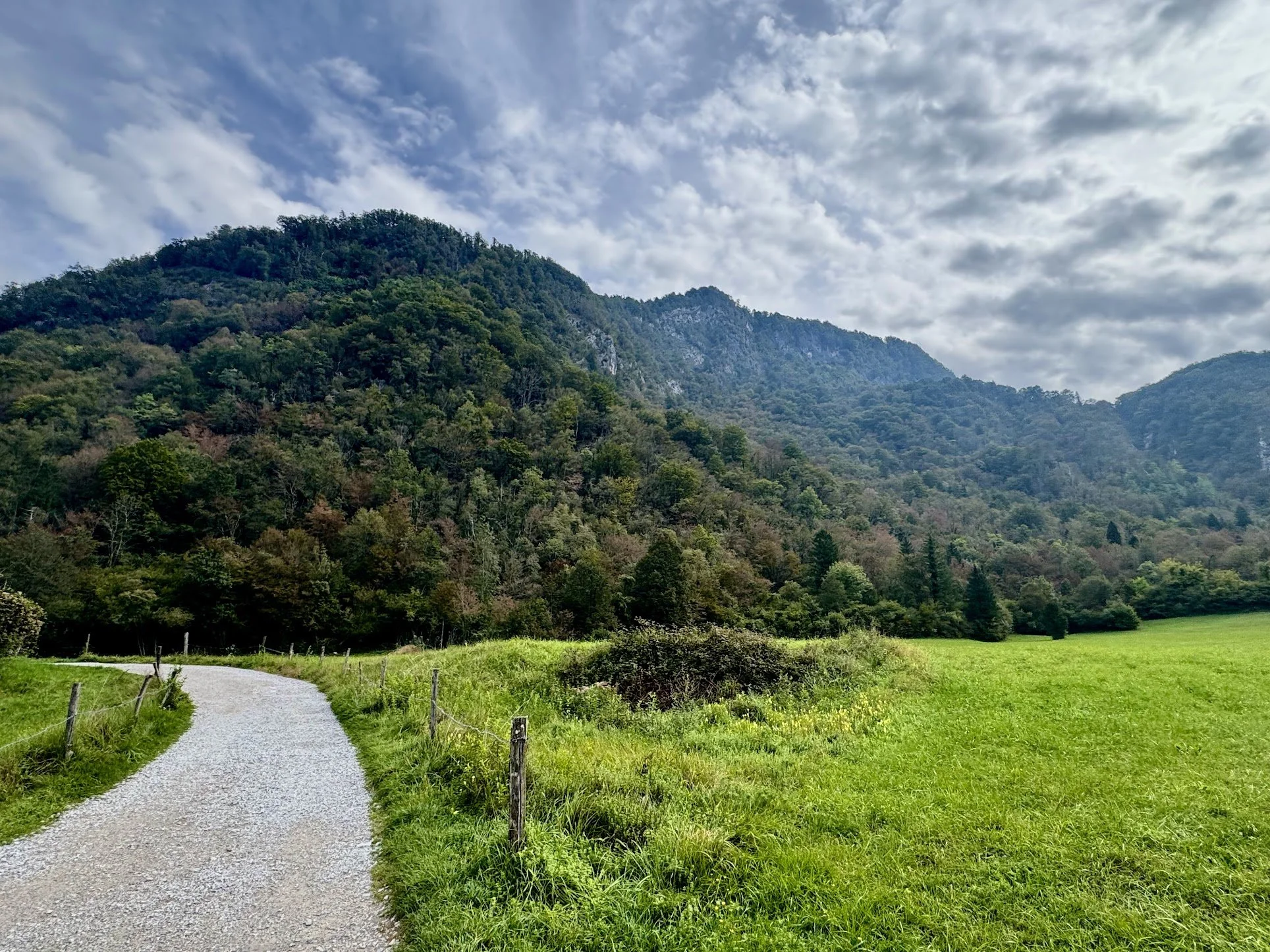 A gravel pathway winding through a lush green meadow with mountains in the background under partly cloudy sky.