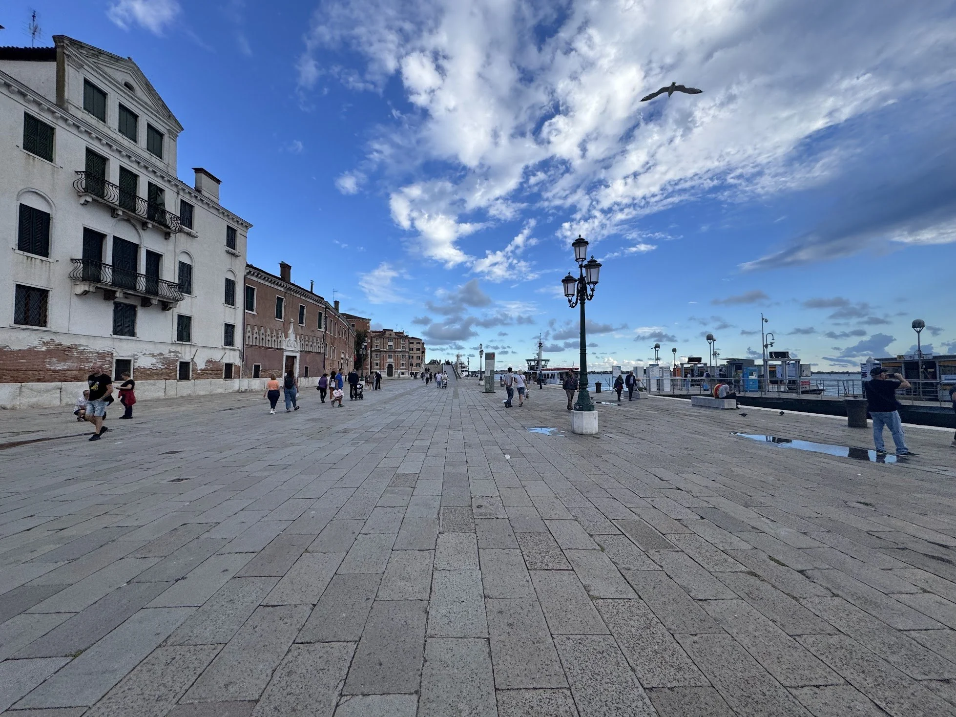 A seaside promenade with a clear blue sky, scattered clouds, and a seagull flying overhead. There are buildings on the left and people walking along the paved walkway near the water on the right.