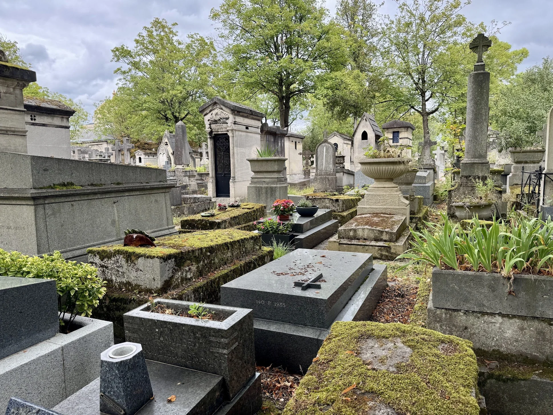 A cemetery with various tombstones, some covered in moss, surrounded by greenery and trees, under a cloudy sky.