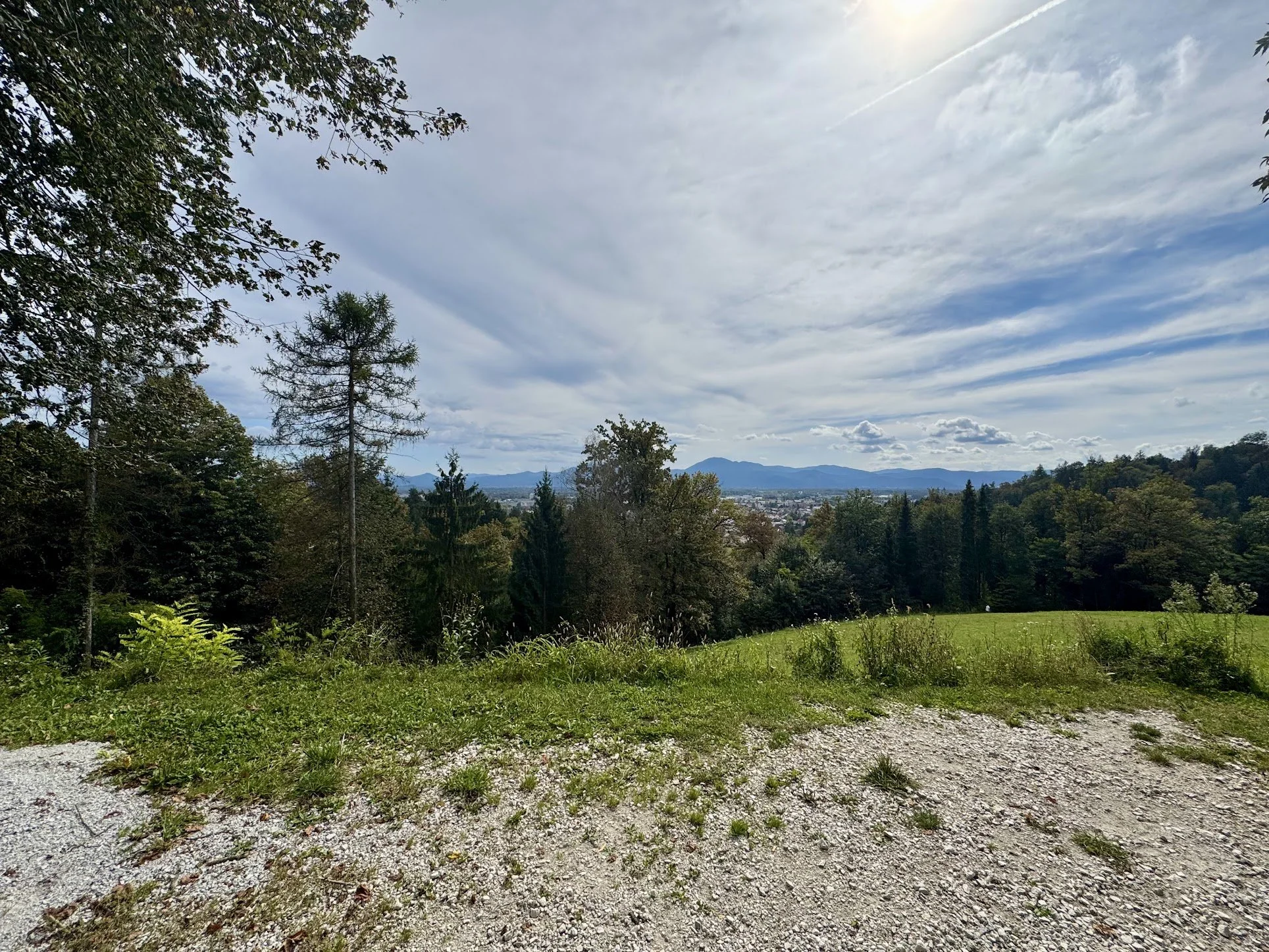 View of trees, a grassy area, and mountains under a partly cloudy sky.