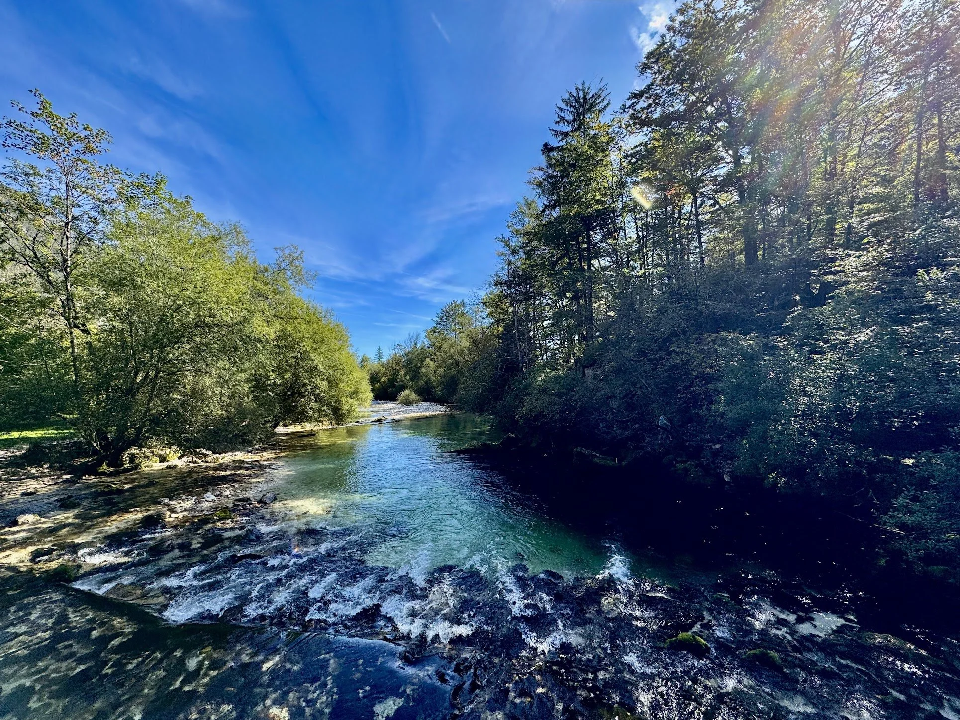 River flowing through a forest with green trees, blue sky, and sunlight shining through the trees.
