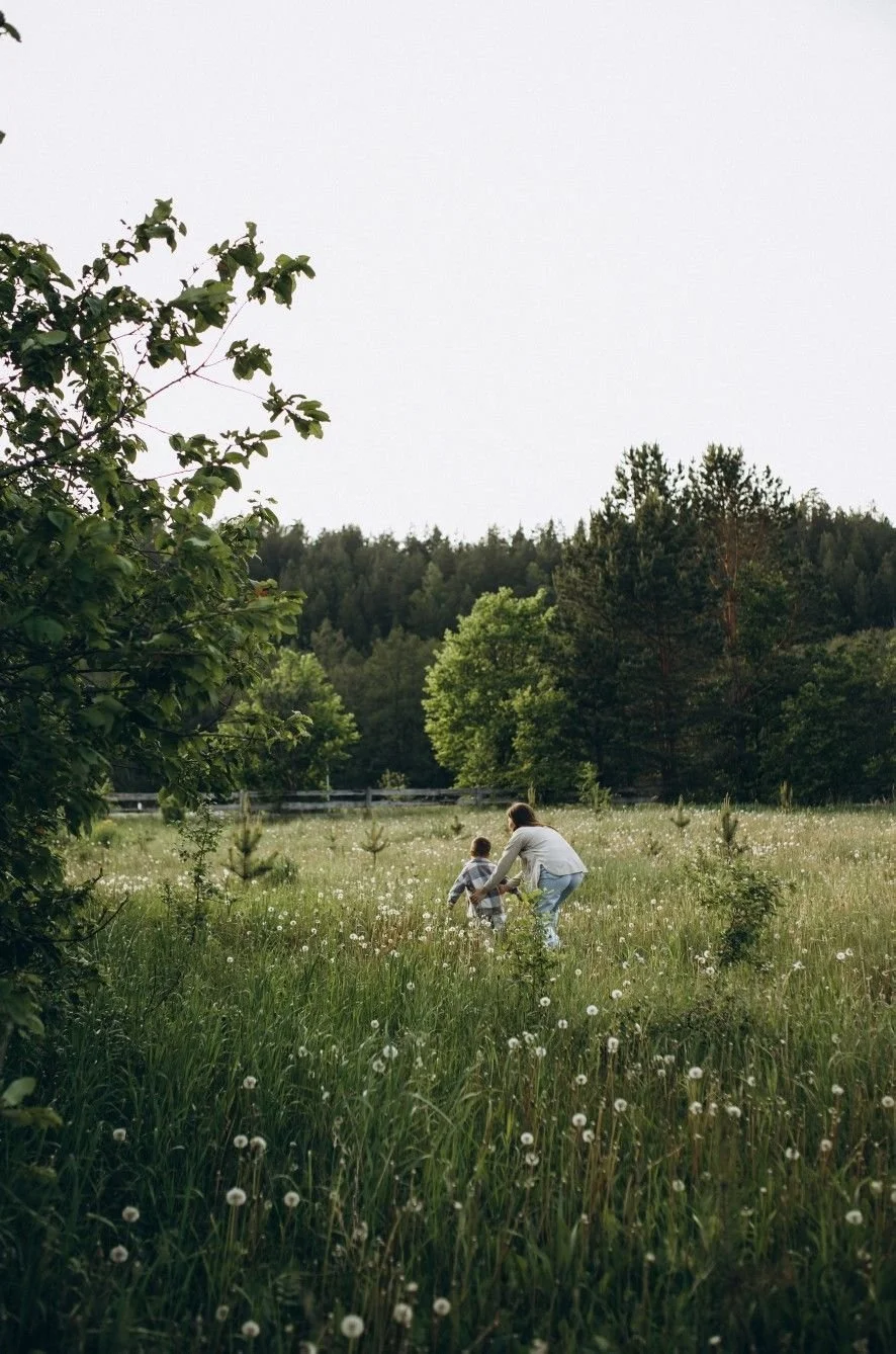 A woman and a child walk through a field of tall grass and wildflowers, with trees and a fence in the background, under an overcast sky.