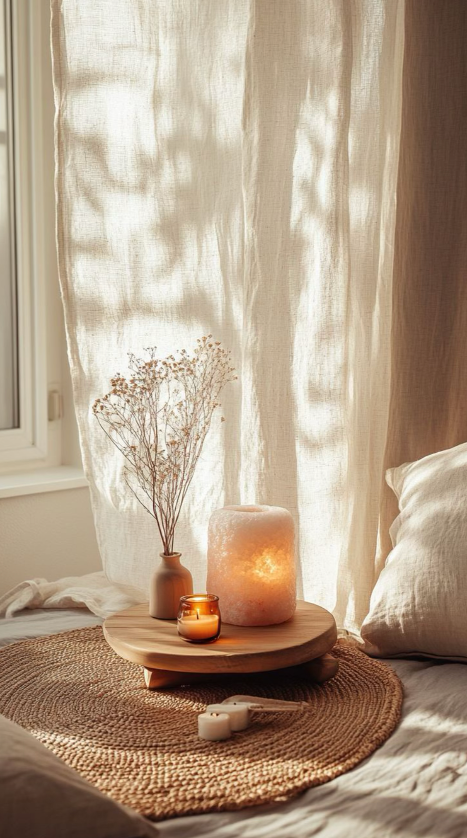 A cozy bedroom corner with a plush bed, natural woven round rug, and a small wooden tray holding a Himalayan salt lamp, candles, and a vase with dried flowers, illuminated by soft natural light through sheer curtains.