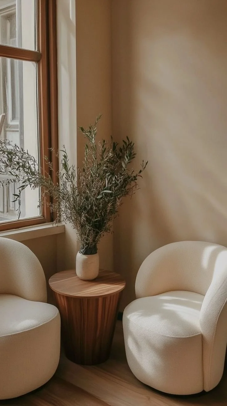 Two cream-colored modern armchairs with rounded backs sit on either side of a wooden side table with a potted leafy green plant. A window with white trim lets in natural light, illuminating the cozy corner.