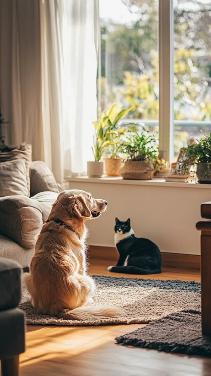A golden retriever and a black-and-white cat sitting on a rug in a bright living room with sunlight coming through large windows and potted plants on the windowsill.