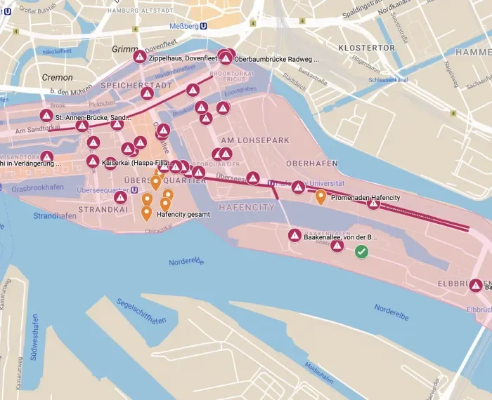 Karte Rückmeldungen "Neuralgische Punkte in der HafenCity"