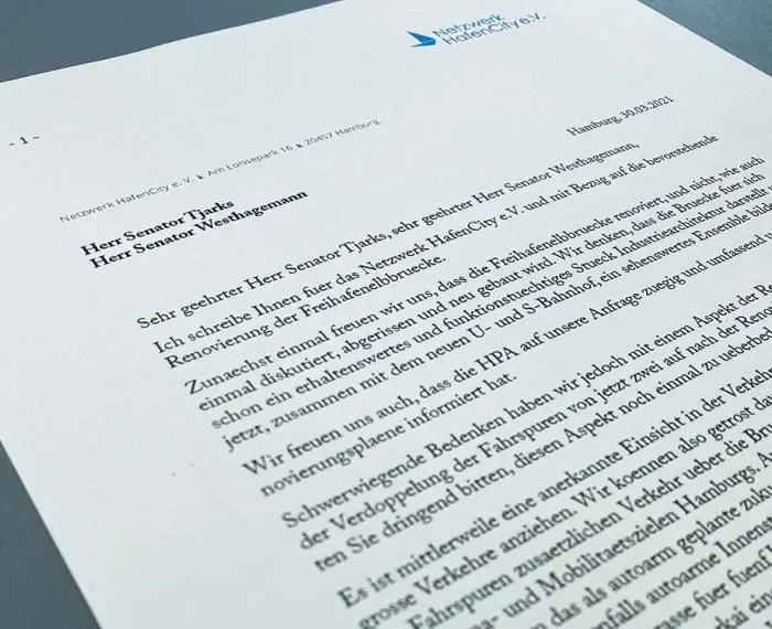Brief an die Senatoren Tjarks und Westhagemann zur geplanten Sanierung der Freihafenelbbrücke