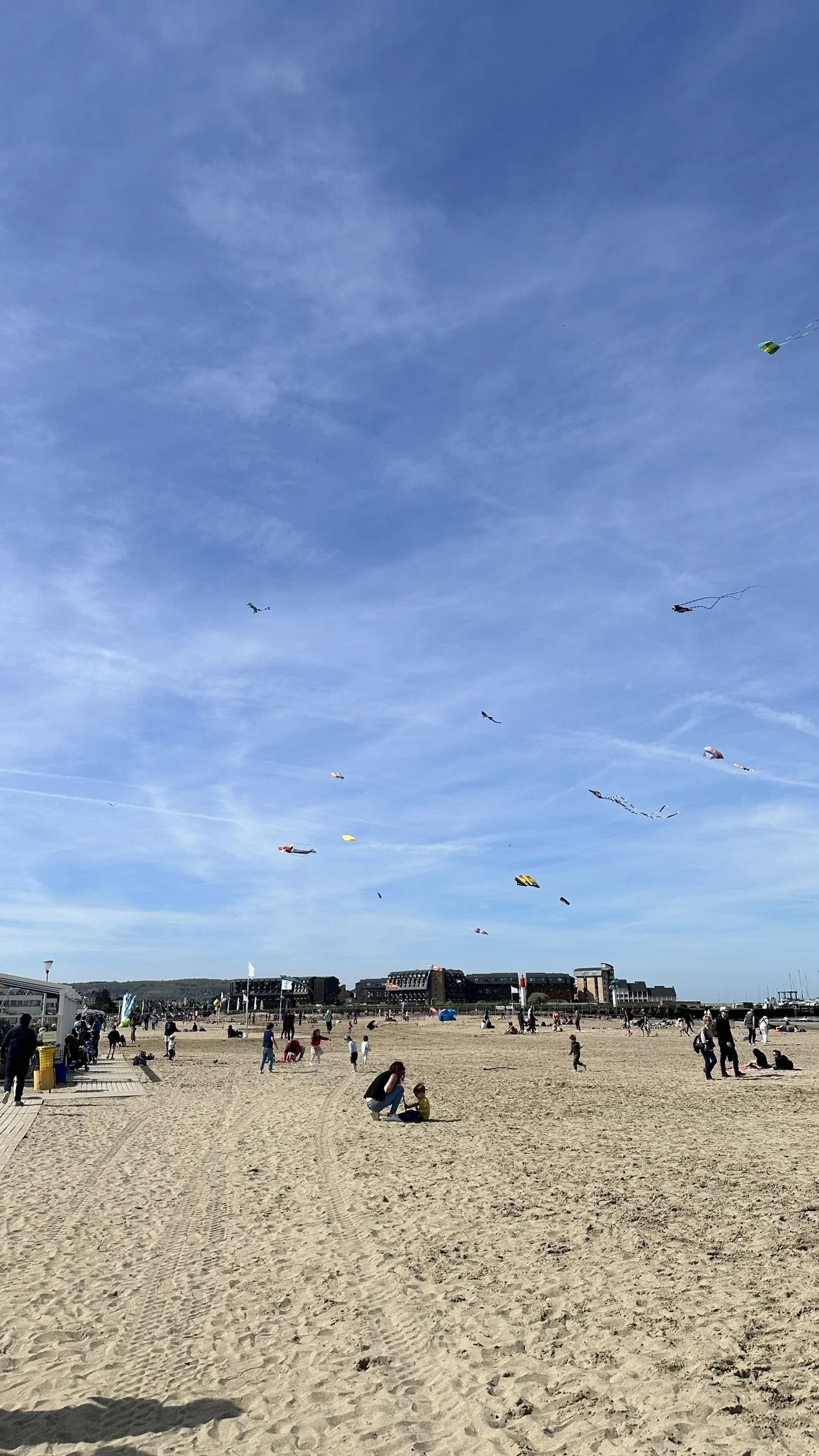 Plage en bord de mer avec des personnes qui profitent du soleil et du vent, plusieurs cerfs-volants colorés dans le ciel.