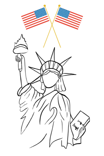 Outline drawing of the Statue of Liberty holding a torch and a book, with two American flags crossed above. The statue's face is faceless, and it is depicted in a simplified style.