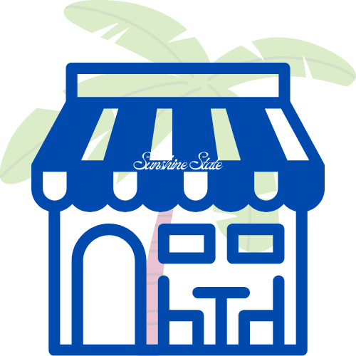 Illustration of a small storefront with a blue and white striped awning, a door, window, and the words "Sunshine State" on the awning, with green leaves in the background.