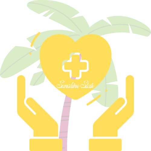 Illustration of yellow hands holding a yellow heart with a white medical cross and the text 'Sunshine State' in front of green banana leaves.