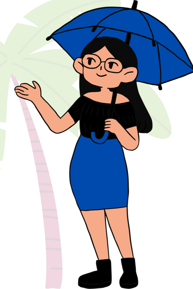 A cartoon girl standing under a blue umbrella, wearing glasses, a black top, a blue skirt, and black boots.