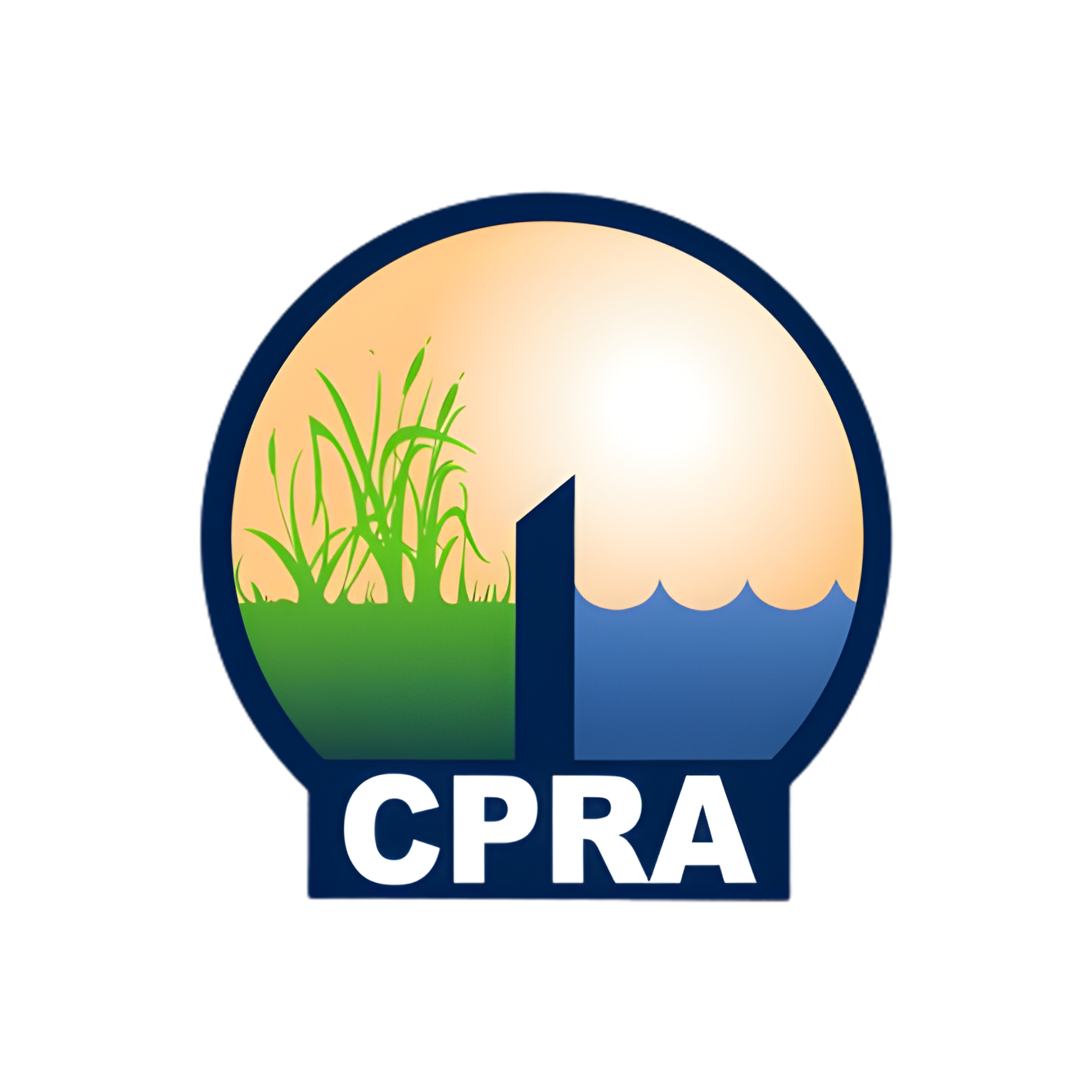A circular logo divided into two sections: the left side has green grass and plants, the right side has blue water with waves, and the sun is shining over both sections. The acronym "CPRA" appears at the bottom of the logo.