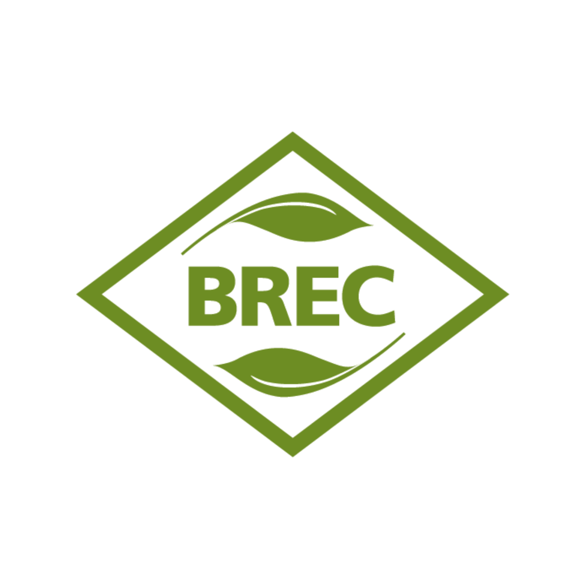 Green and white logo with the acronym BREC inside a diamond shape, featuring two green leaves above and below the acronym.