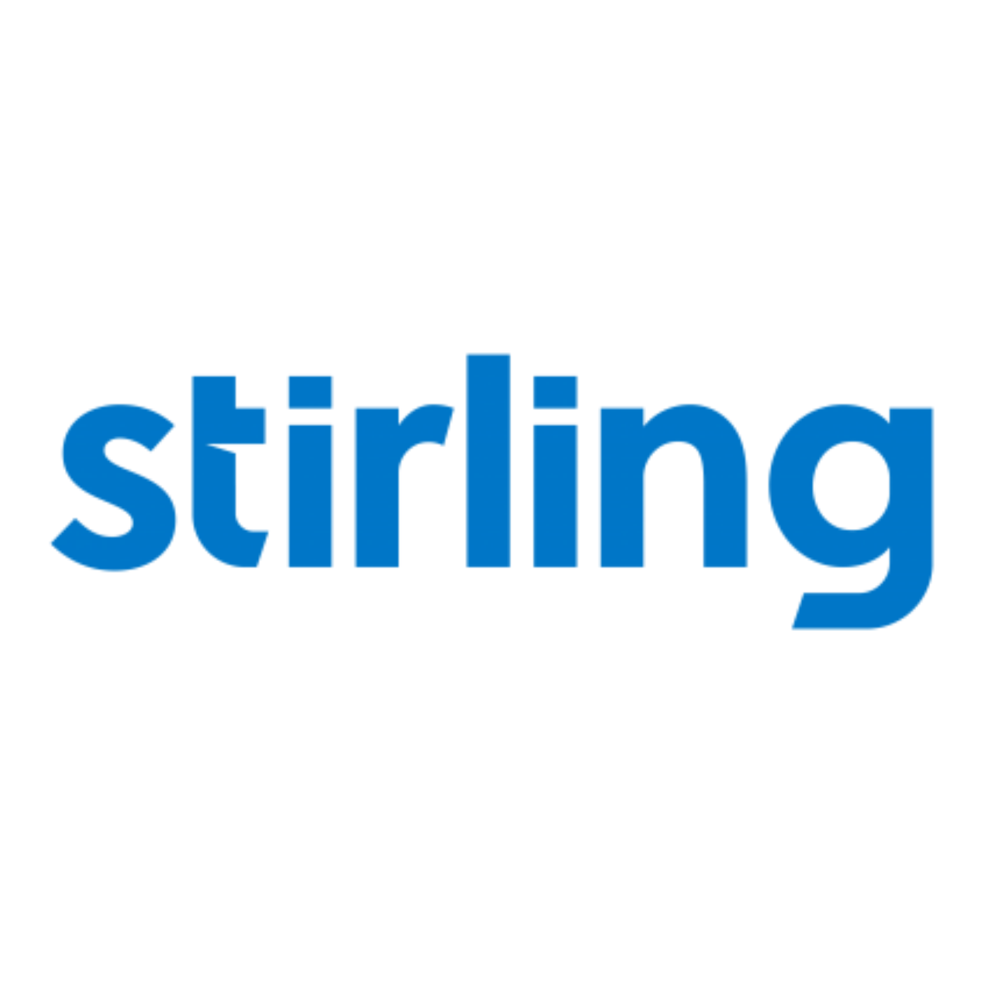 The word 'stirling' in bold, blue 3D text on a black background.