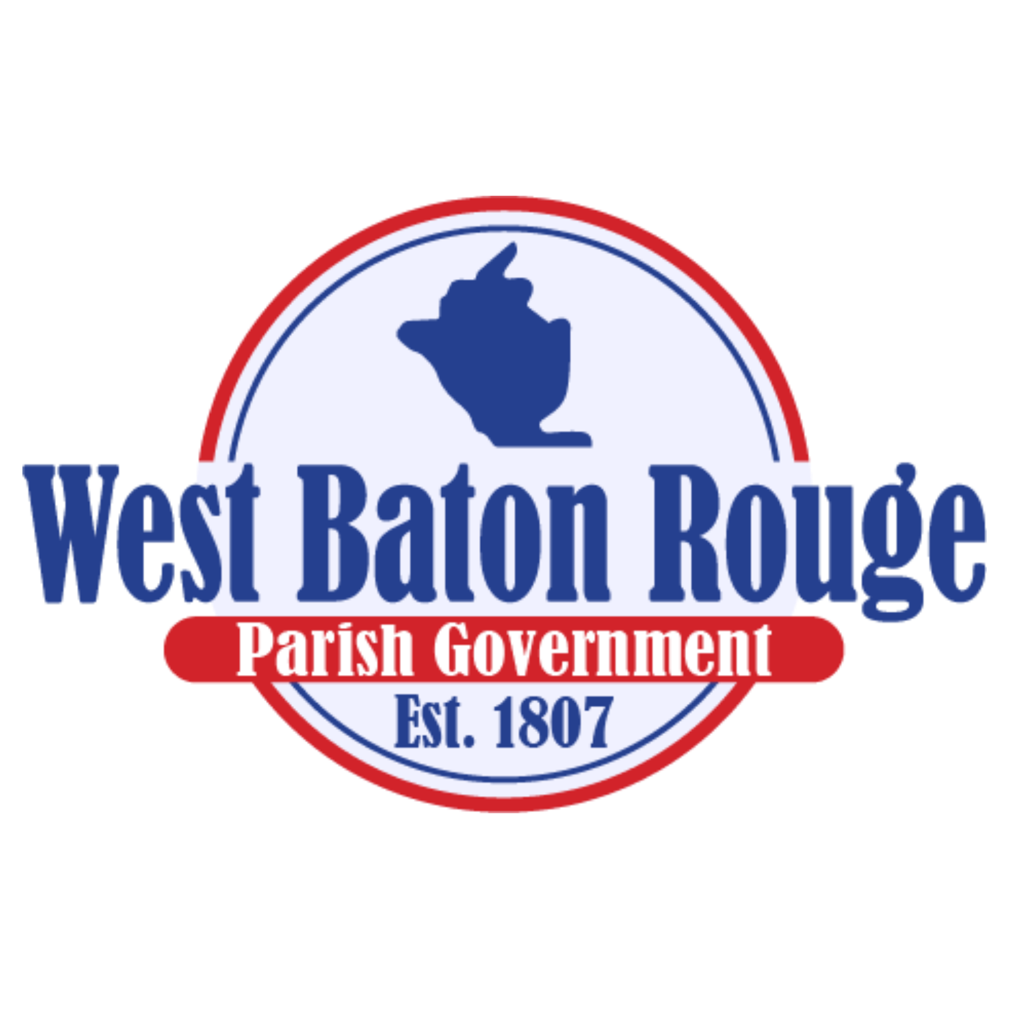 Logo of West Baton Rouge Parish Government, established in 1807, with a red, white, and blue circular design.