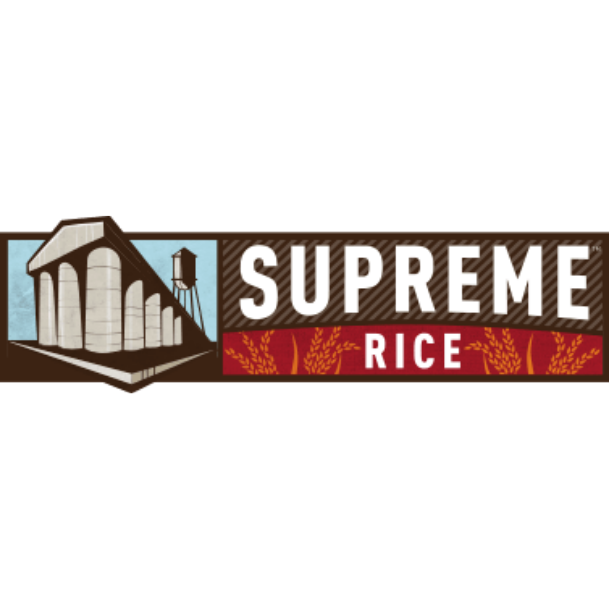 Logo for Supreme Rice featuring a bridge illustration and red wheat graphics.