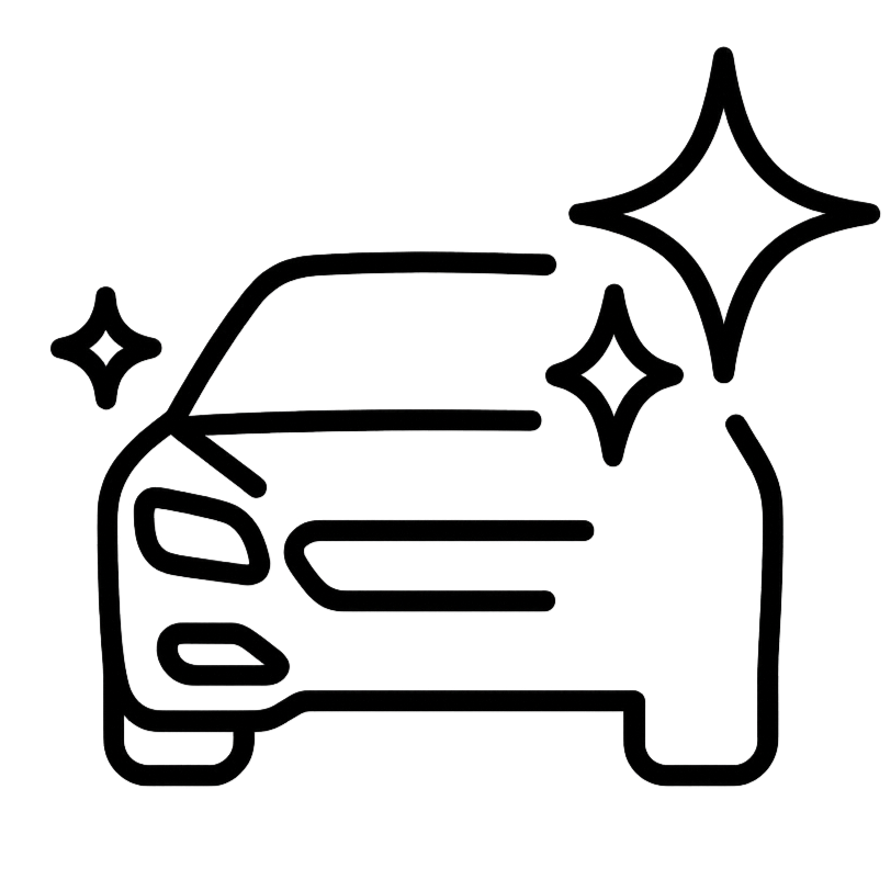 Icono de un vehículo de limpieza con destellos de brillo alrededor.