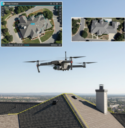 Un drone volant au-dessus d'un toit avec une cheminée, capturant des images de deux maisons, vues aériennes.