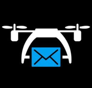 Une illustration d'un drone transportant une enveloppe bleue.