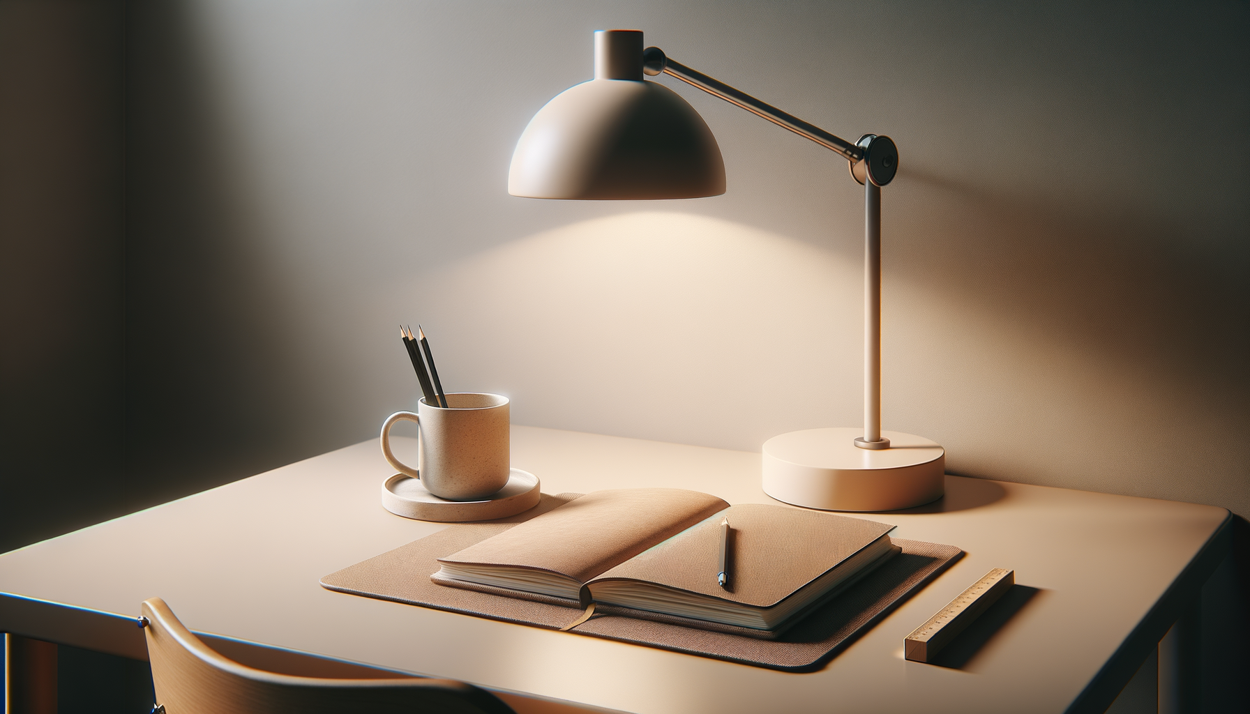 A neatly organized workspace with a beige table, a beige lamp, an open notebook with a pen, a mug holding pencils, a ruler, and a chair.