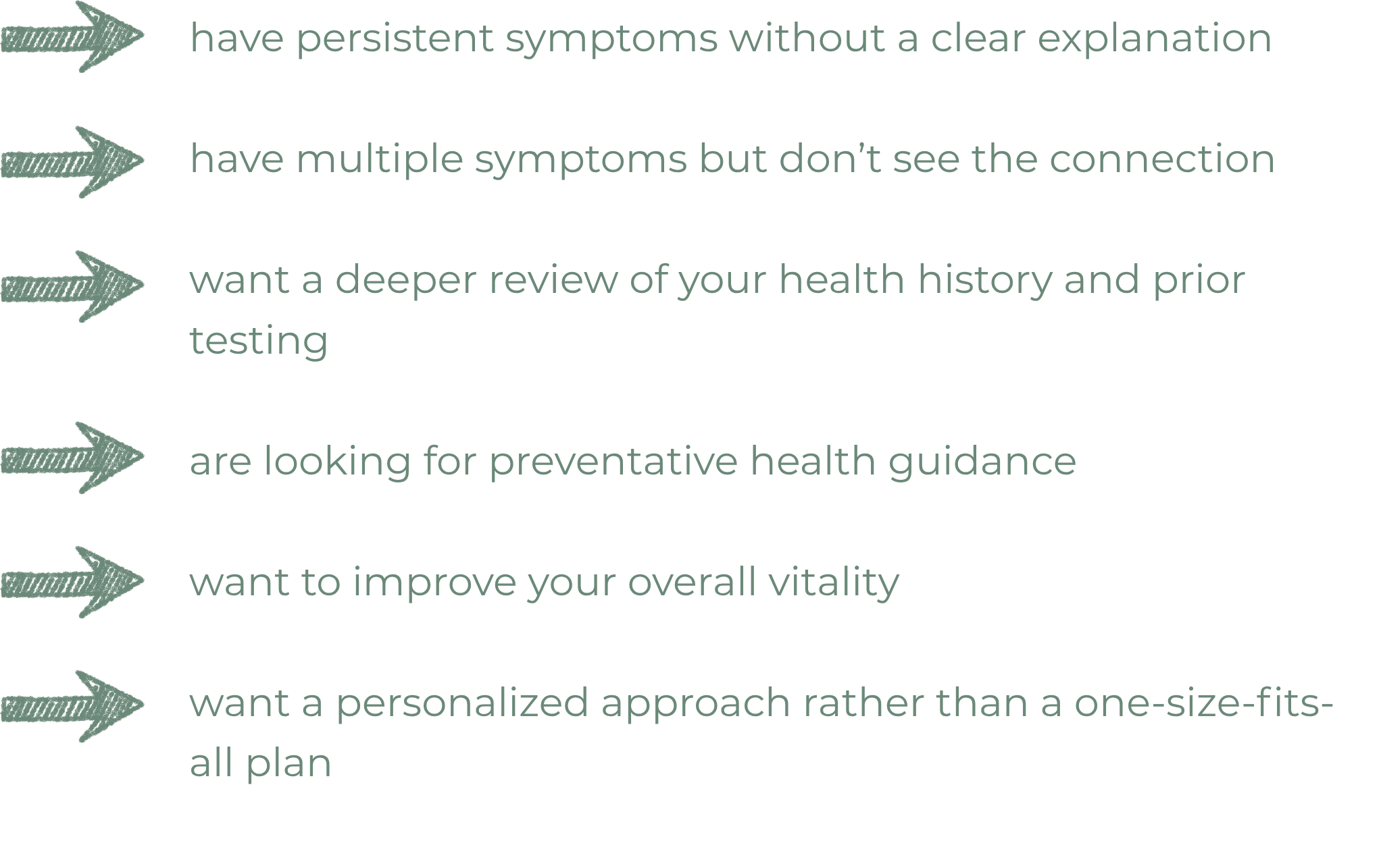 List of five criteria or considerations, each with an arrow pointing to the right, related to health monitoring, symptoms, health history, lifestyle, and personalized health plans.