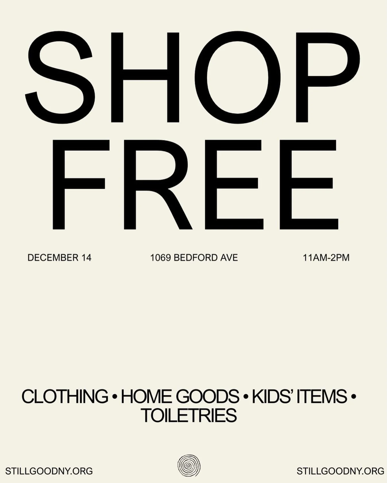 Shop secondhand. Shop local. Shop free.
We&rsquo;re hosting our second pop-up this Sunday, 12/14, at 1069 Bedford Ave from 11AM&ndash;2PM.

Come shop &mdash; everything is free. We&rsquo;re also accepting gently used clothing, home goods, kids&rsquo;