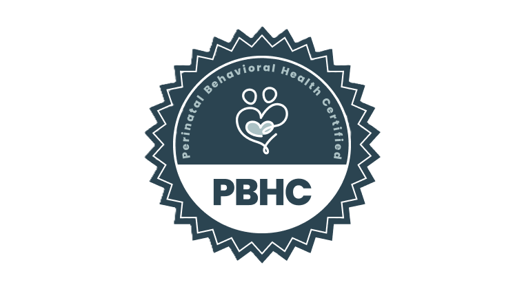 Perinatal Behavioral Health Certified badge with a stylized heart and stethoscope logo.