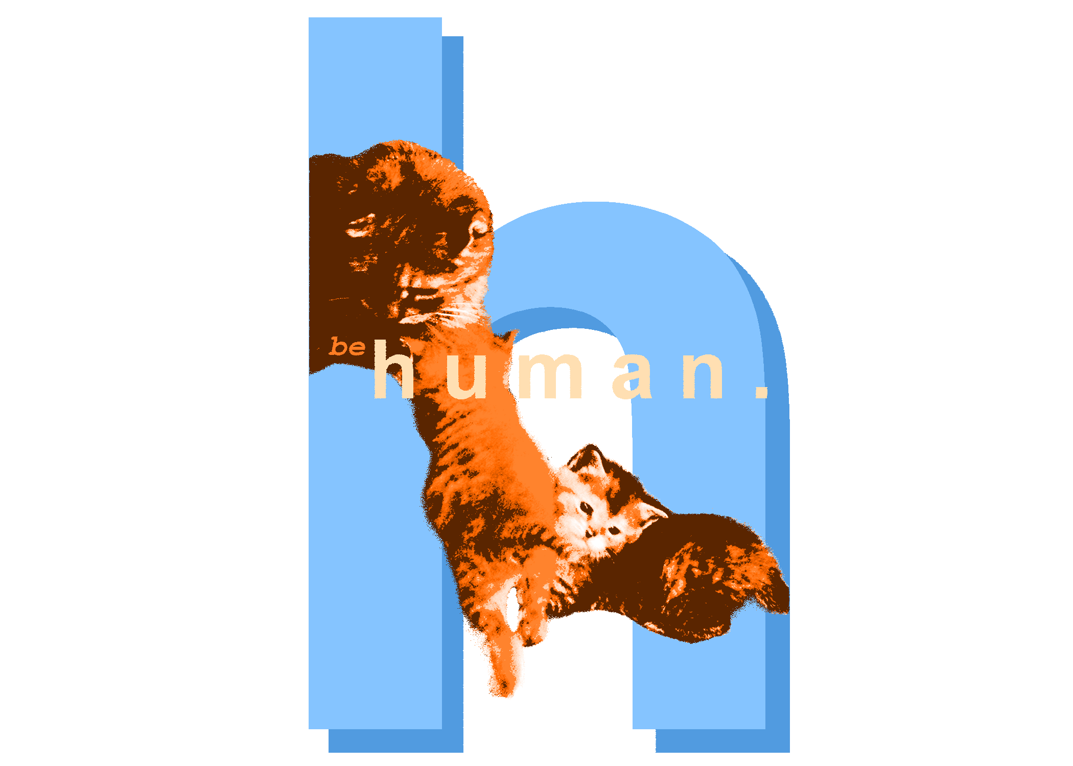 Graphic design featuring large blue letter 'n' with orange and black tiger and kitten superimposed. Text 'be human.' over the animals.