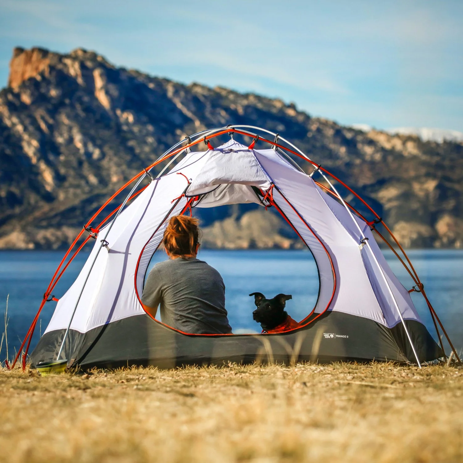 Girl and dog sit camp a tent by a mountain lake.