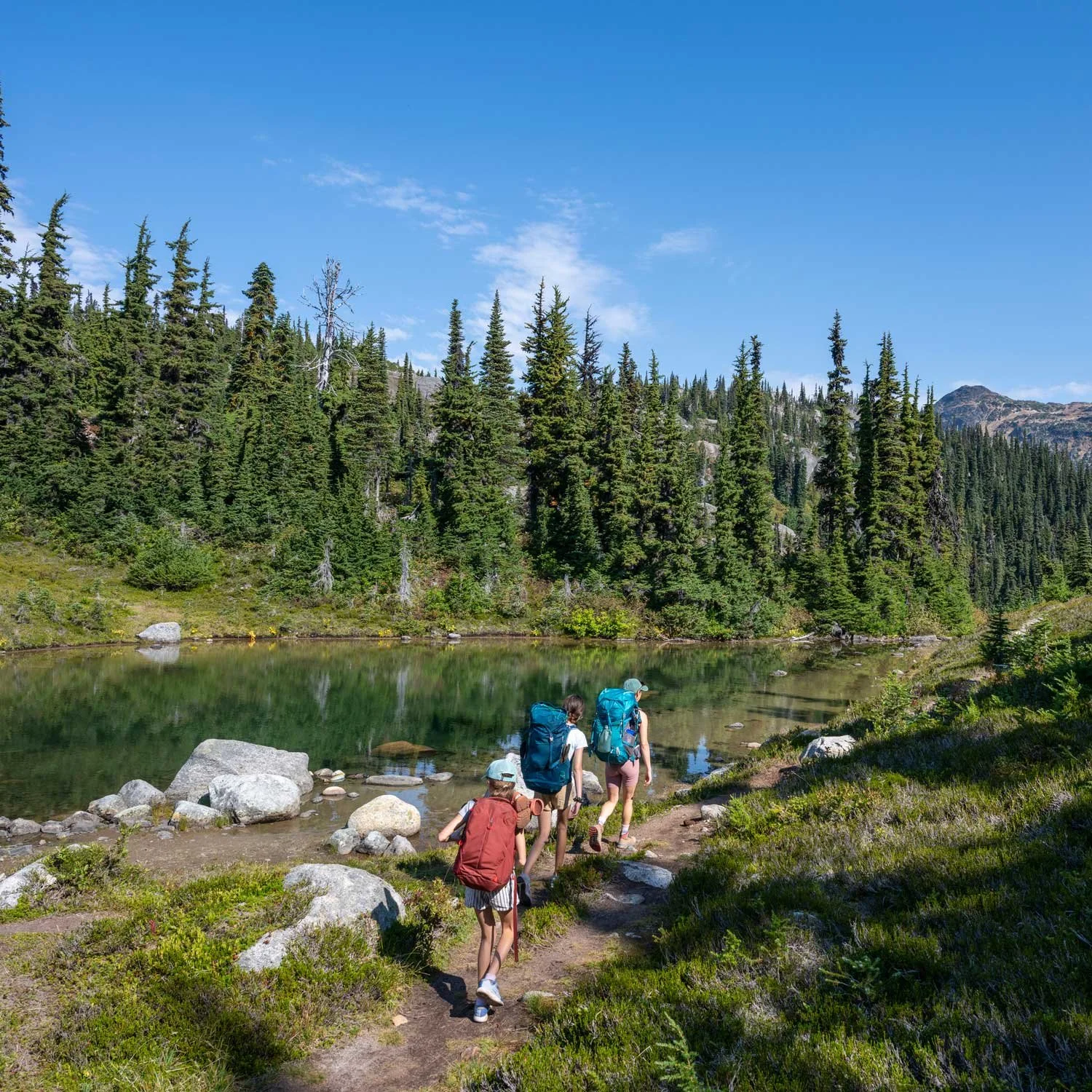 A family goes on a backpacking trip.