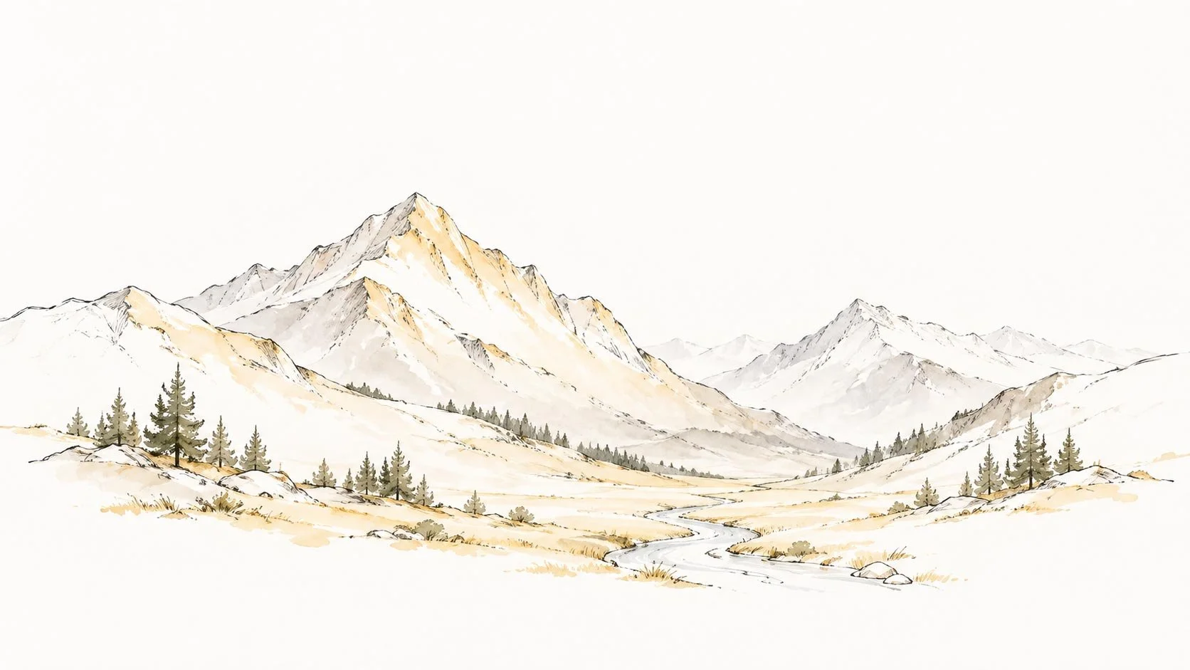 Watercolor illustration of mountain peaks above a valley dotted with evergreen trees and a winding stream.