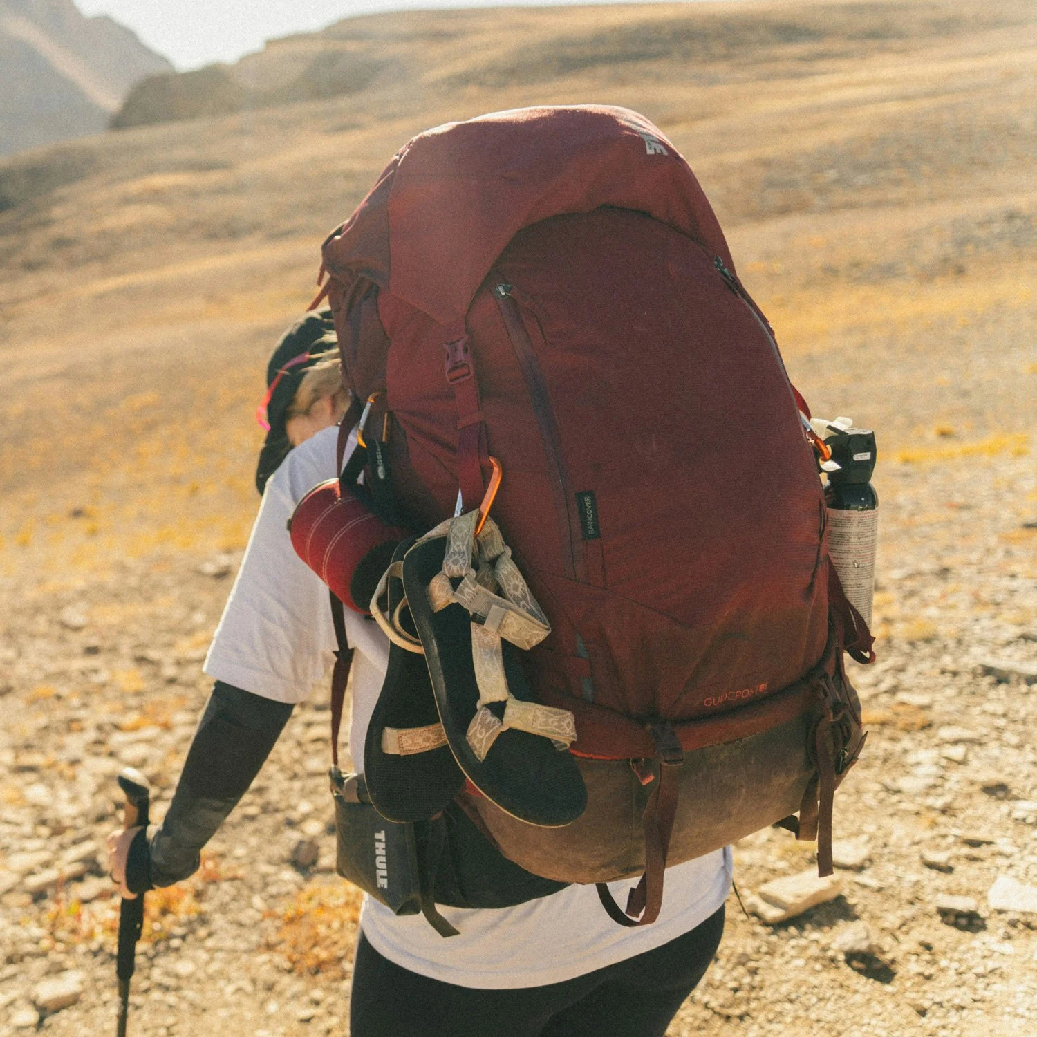 Backpacker with large red backpack.