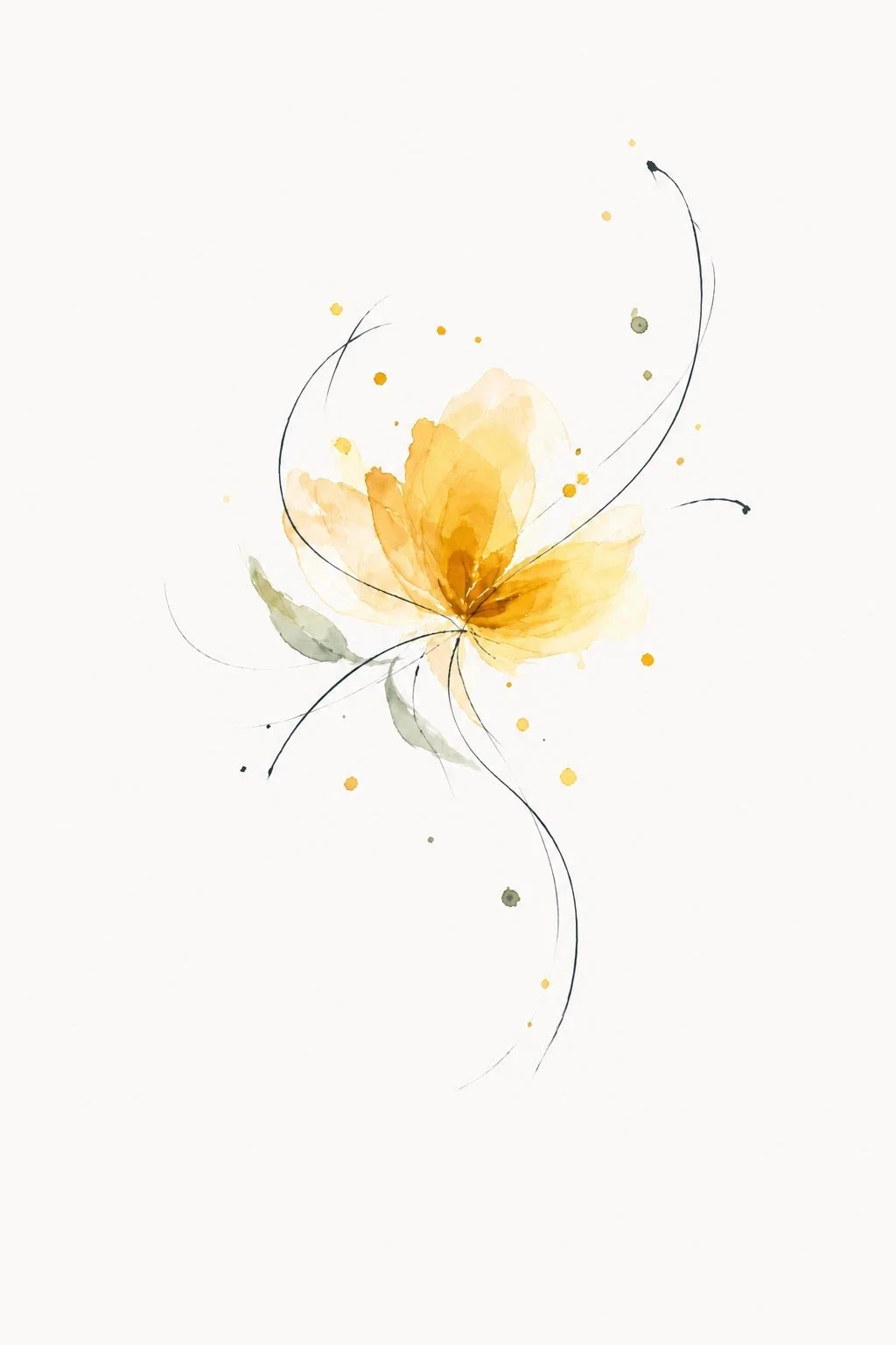 A golden watercolor flower surrounded by delicate, curling lines and touches of green.