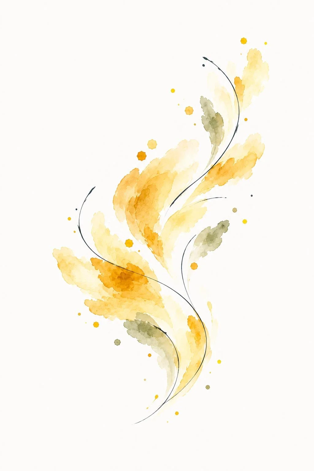 Flowing yellow and muted green watercolor strokes with thin, sweeping lines.