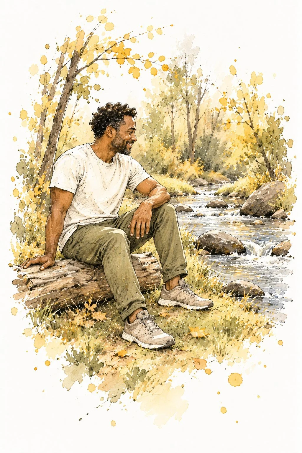 Watercolor illustration of a man resting on a fallen log beside a woodland creek surrounded by golden autumn trees.