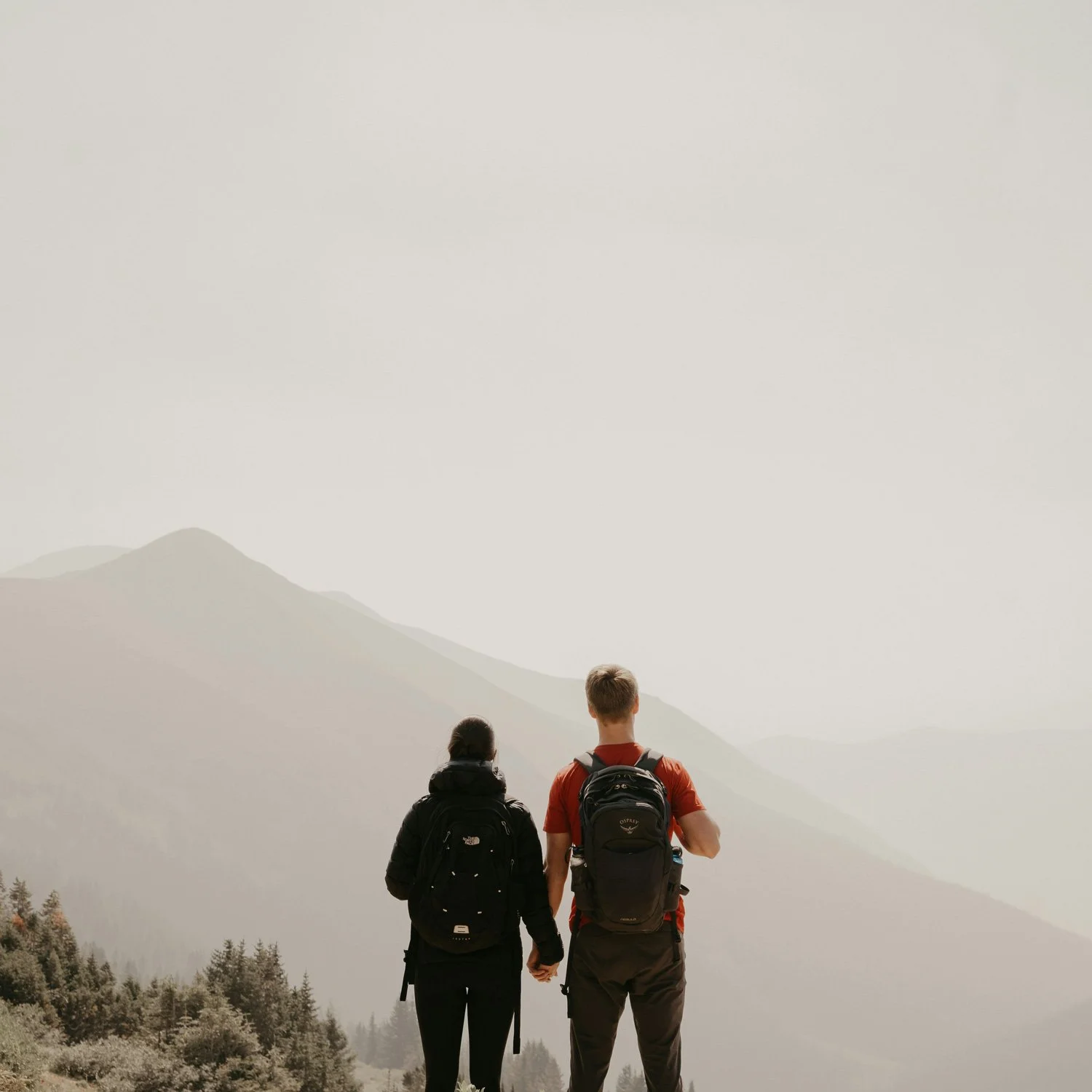 Two people hold hands and take in the view.