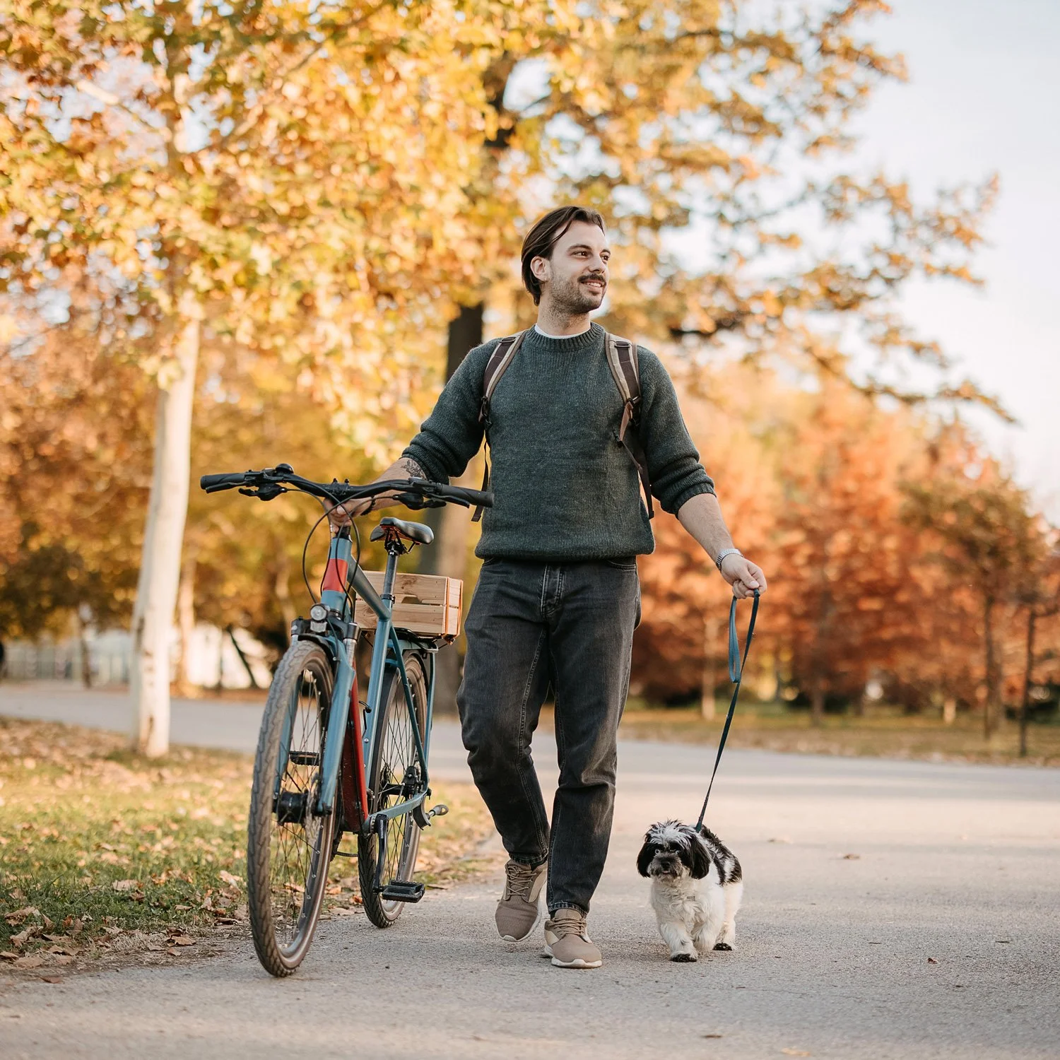 Man with bicycle walks his dog outside.