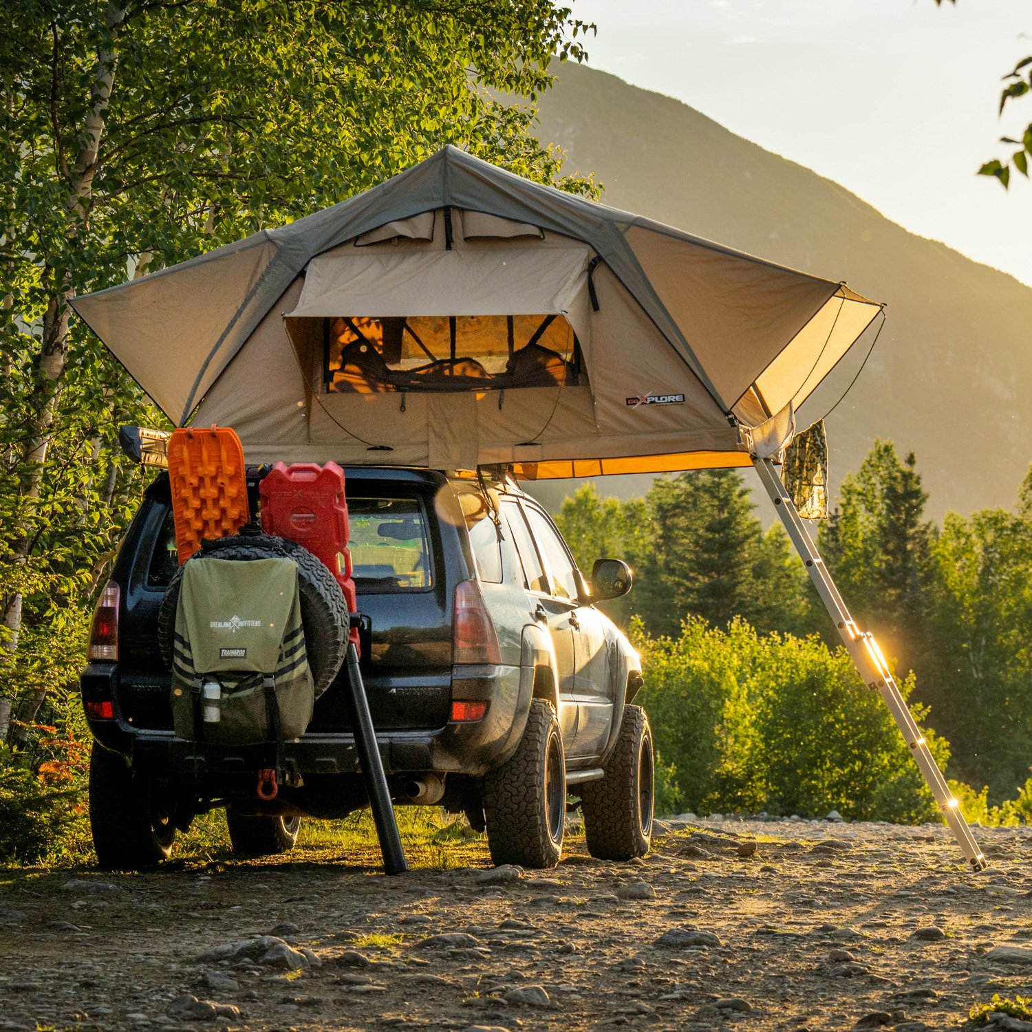 Rooftop tent on a vehicle.