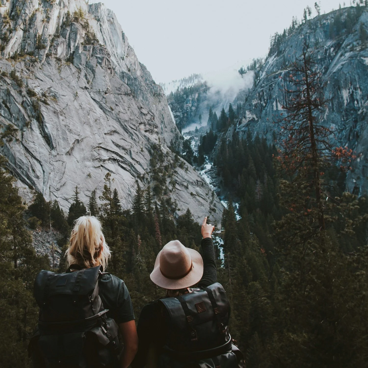 Two hikers look at the view and one of them points.
