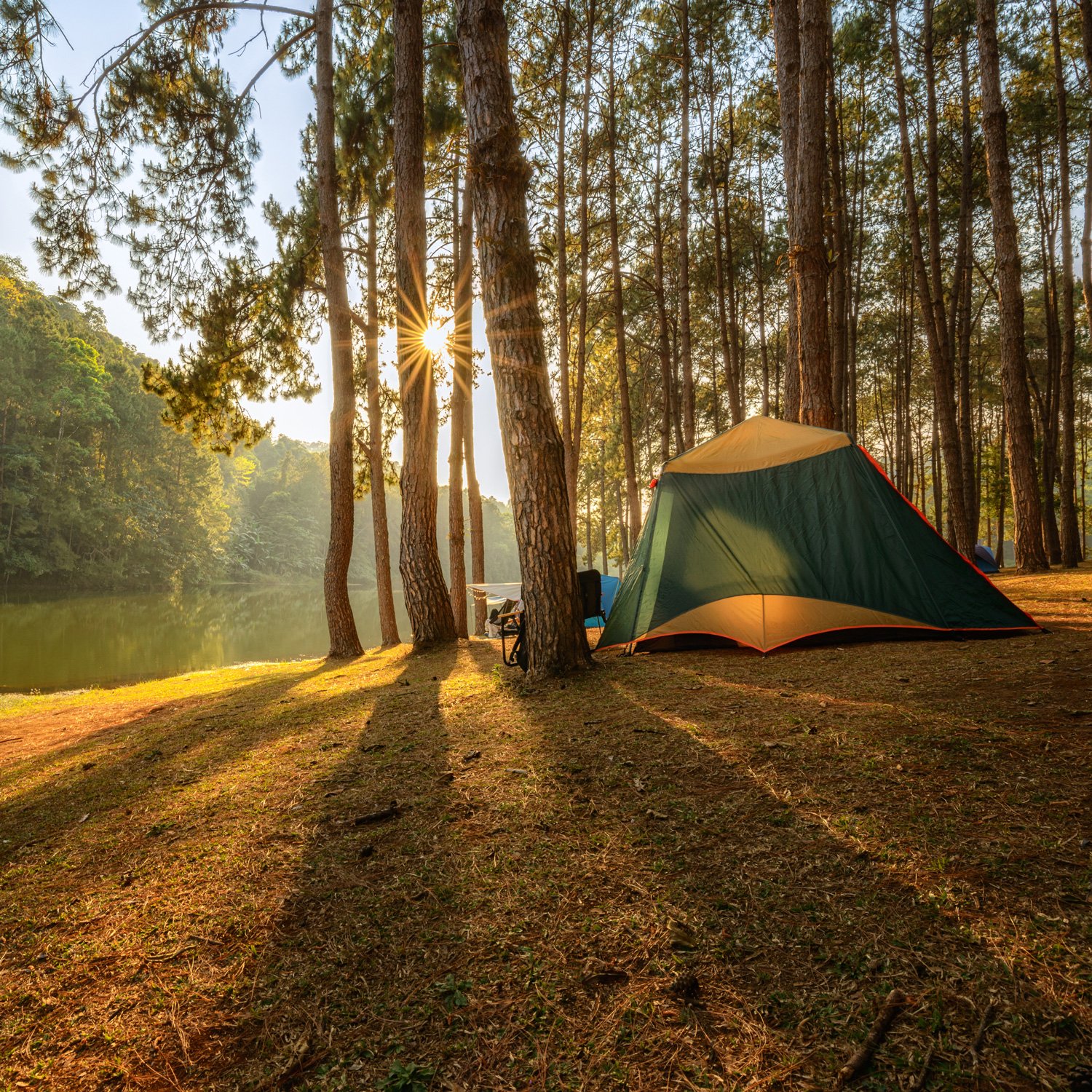 Camping tent set up in the forest near a mountain lake.