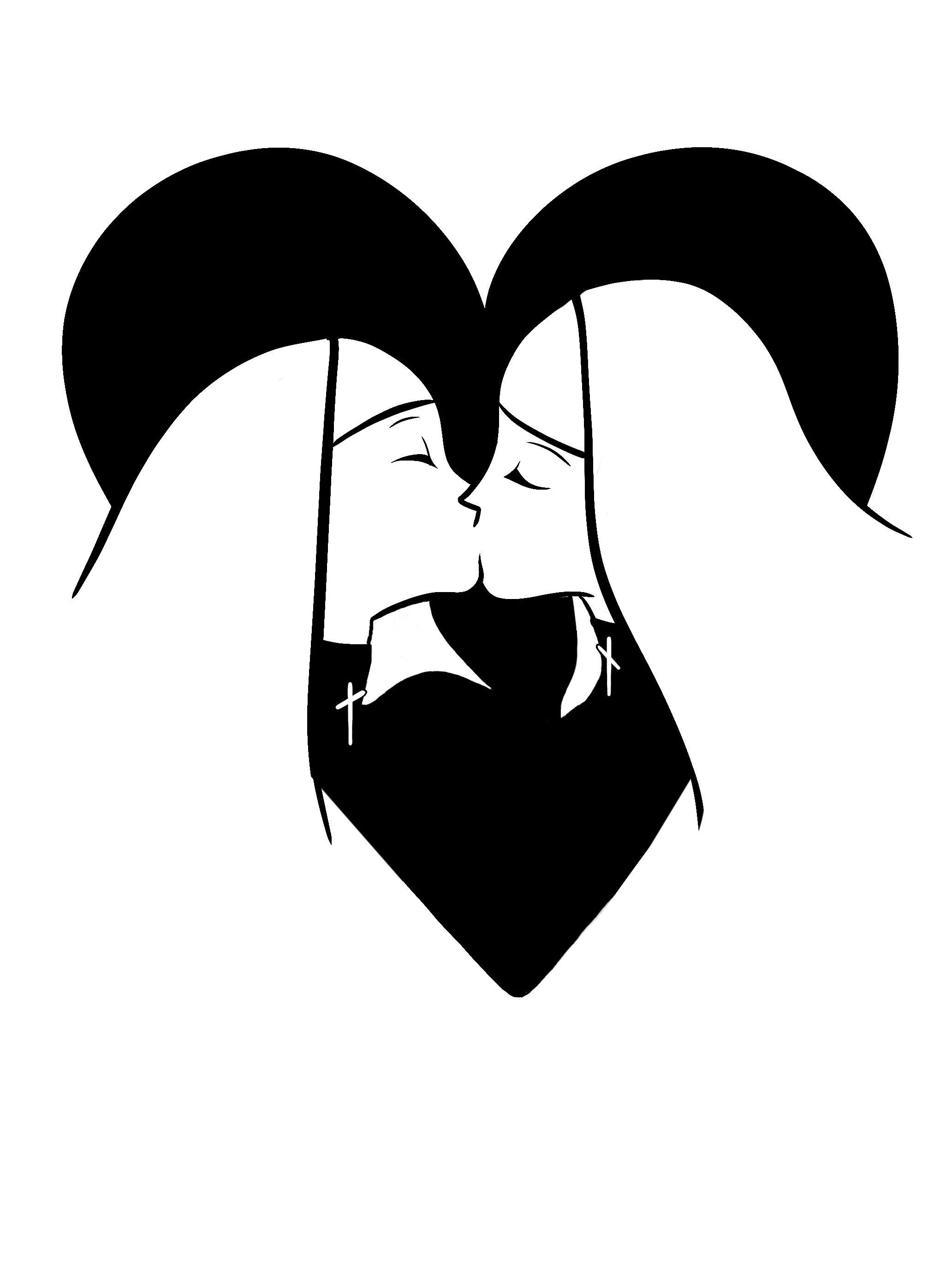 Black and white digital illustration of two women with long hair and crosses as earrings, kissing inside a heart shape.