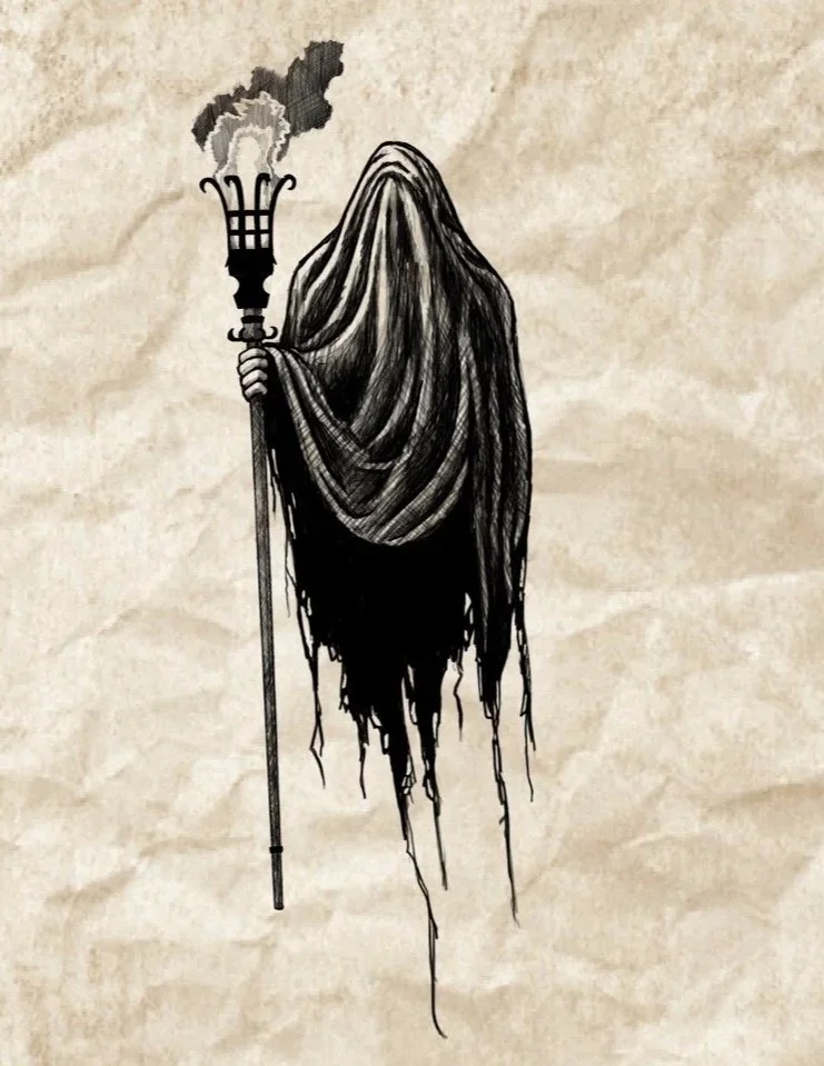 A dark, shadowy figure with a shrouded face holding a staff with a burning torch, depicted in black and white on a textured beige background.