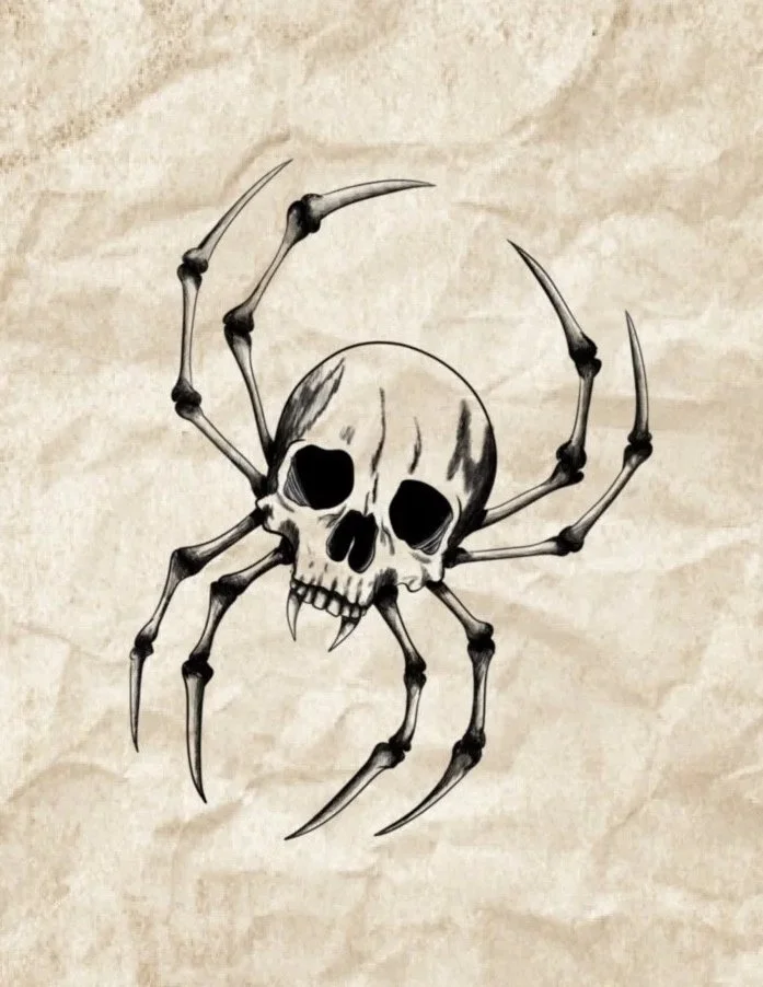 A drawing of a spider with a human skull as its body and human skull-shaped eyes, set against a textured beige background.